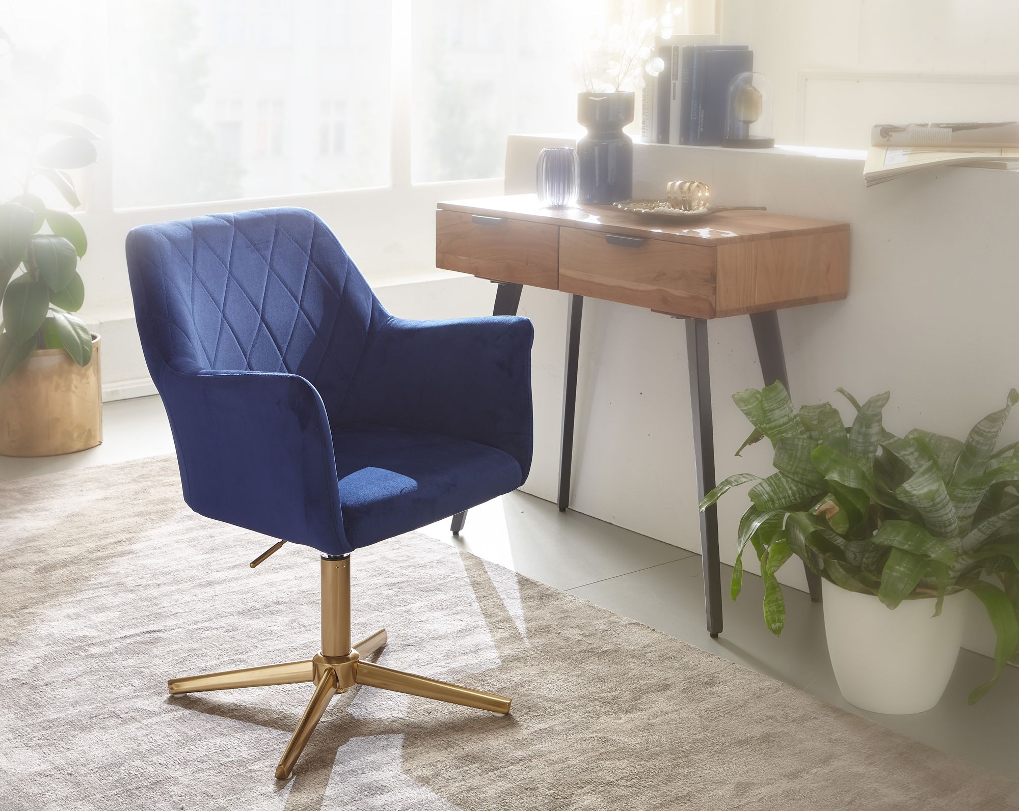 FineBuy Schreibtischstuhl Samt Design Drehstuhl mit Lehne, Schalenstuhl 120 kg Höhenverstellbar, Arbeitsstuhl ohne Rollen, Stuhl Schreibtisch Home-Office Drehbar | Farbe: Blau