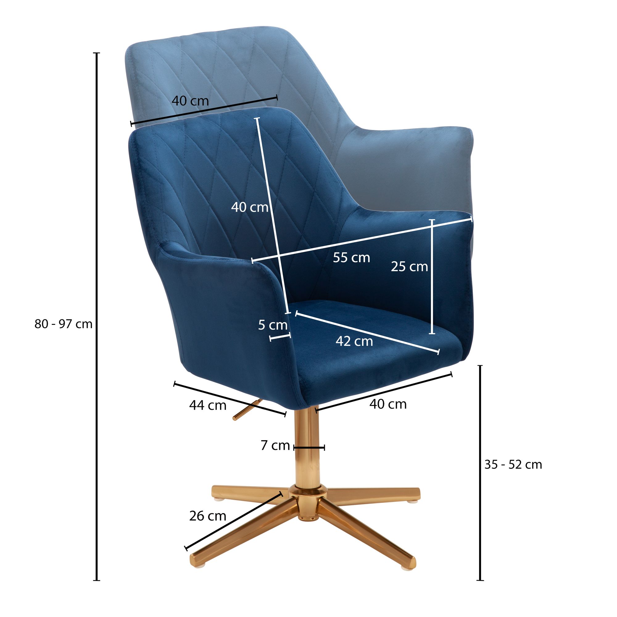 FineBuy Schreibtischstuhl Samt Design Drehstuhl mit Lehne, Schalenstuhl 120 kg Höhenverstellbar, Arbeitsstuhl ohne Rollen, Stuhl Schreibtisch Home-Office Drehbar | Farbe: Blau