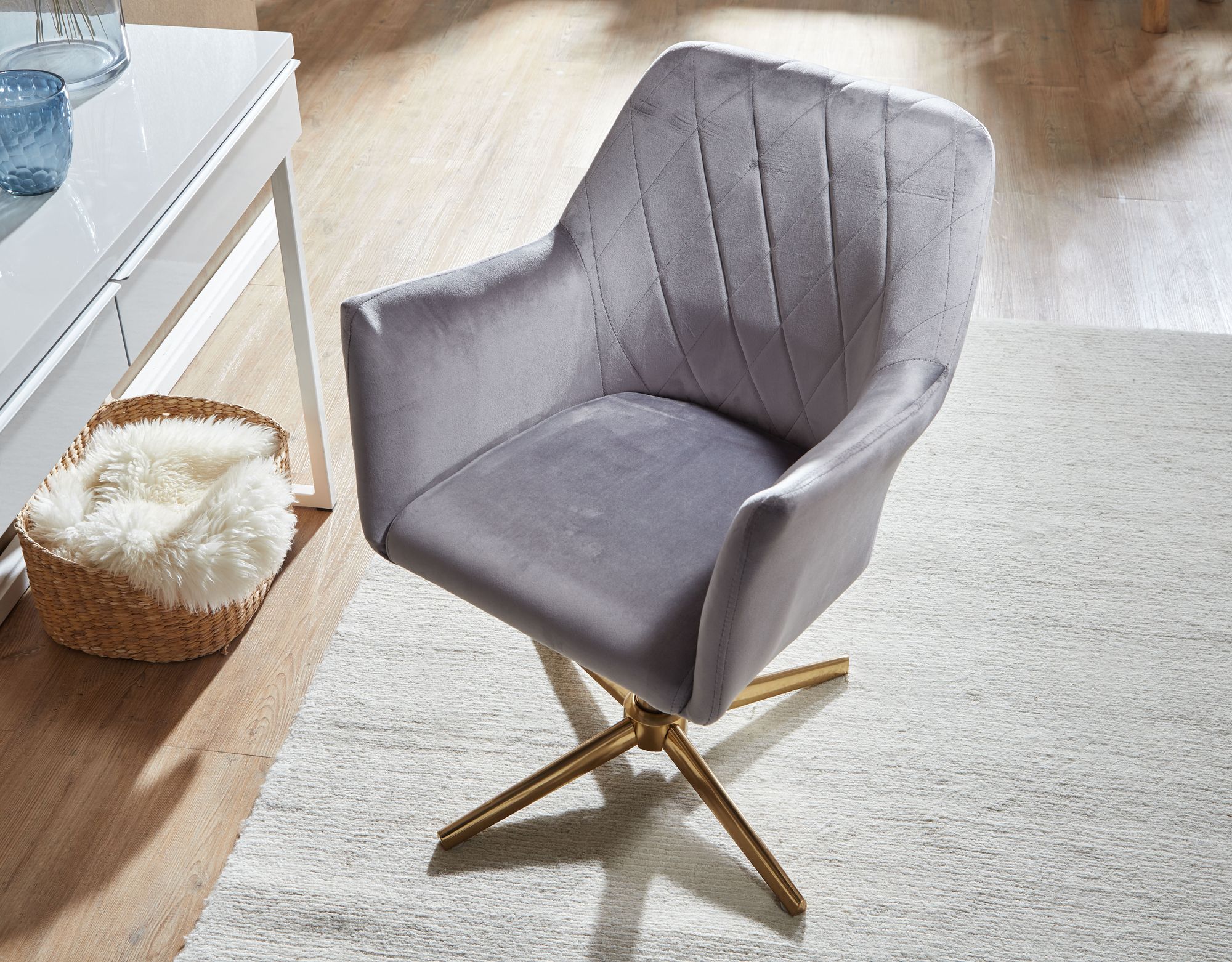 FineBuy Schreibtischstuhl Samt Design Drehstuhl mit Lehne, Schalenstuhl 120 kg Höhenverstellbar, Arbeitsstuhl ohne Rollen, Stuhl Schreibtisch Home-Office Drehbar | Farbe: Blau