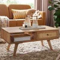 Couchtisch FineBuy Sofatisch 90 cm Massivholz Rattan Wohnzimmertisch Schublade – Ansicht 1
