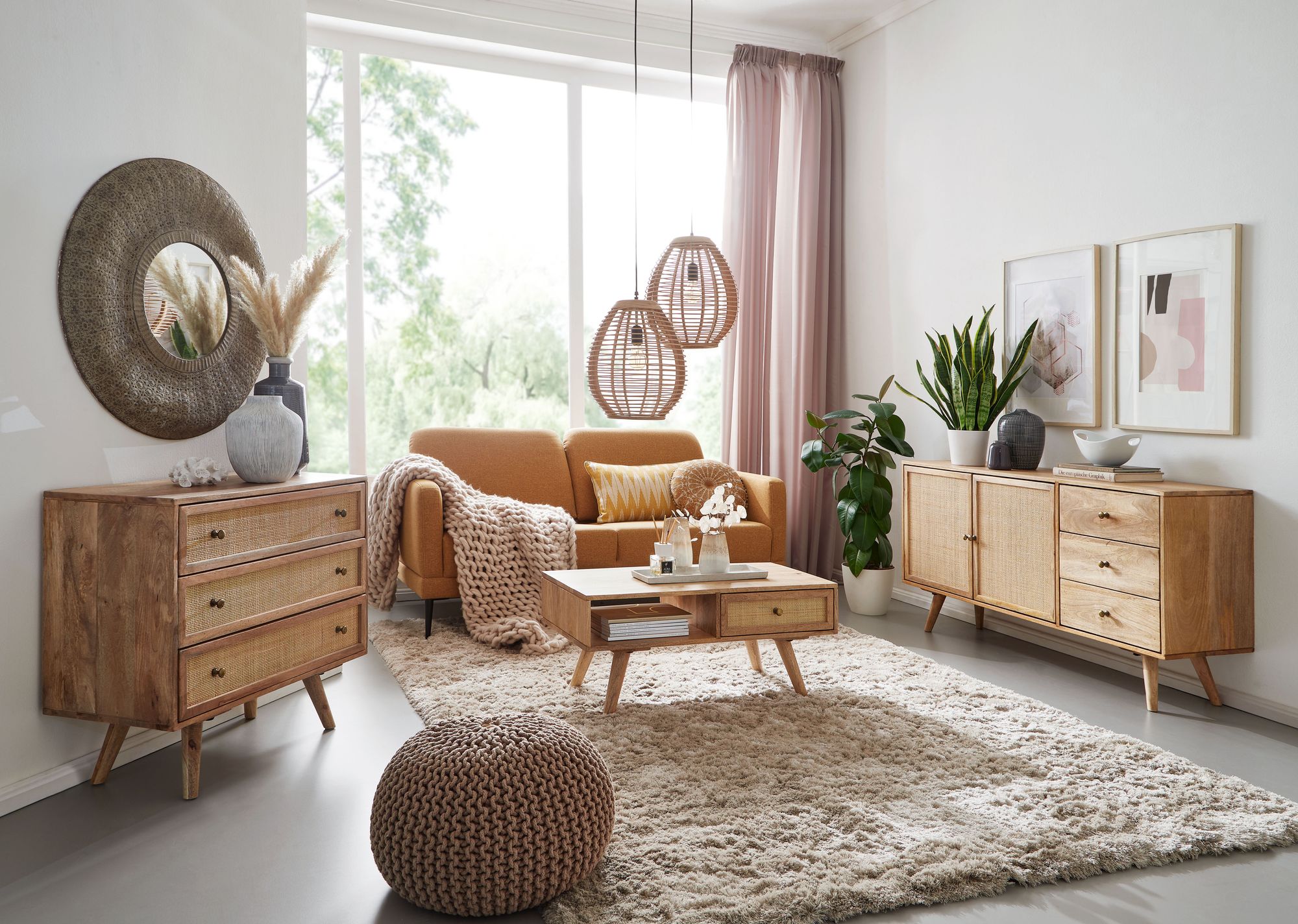 FineBuy Sideboard Mango Massivholz 140 cm 2 Türen & 3 Schubladen - Massive Retro Kommode mit Wiener Geflecht - Design Natur Anrichte - Handmade | Farbe: Braun