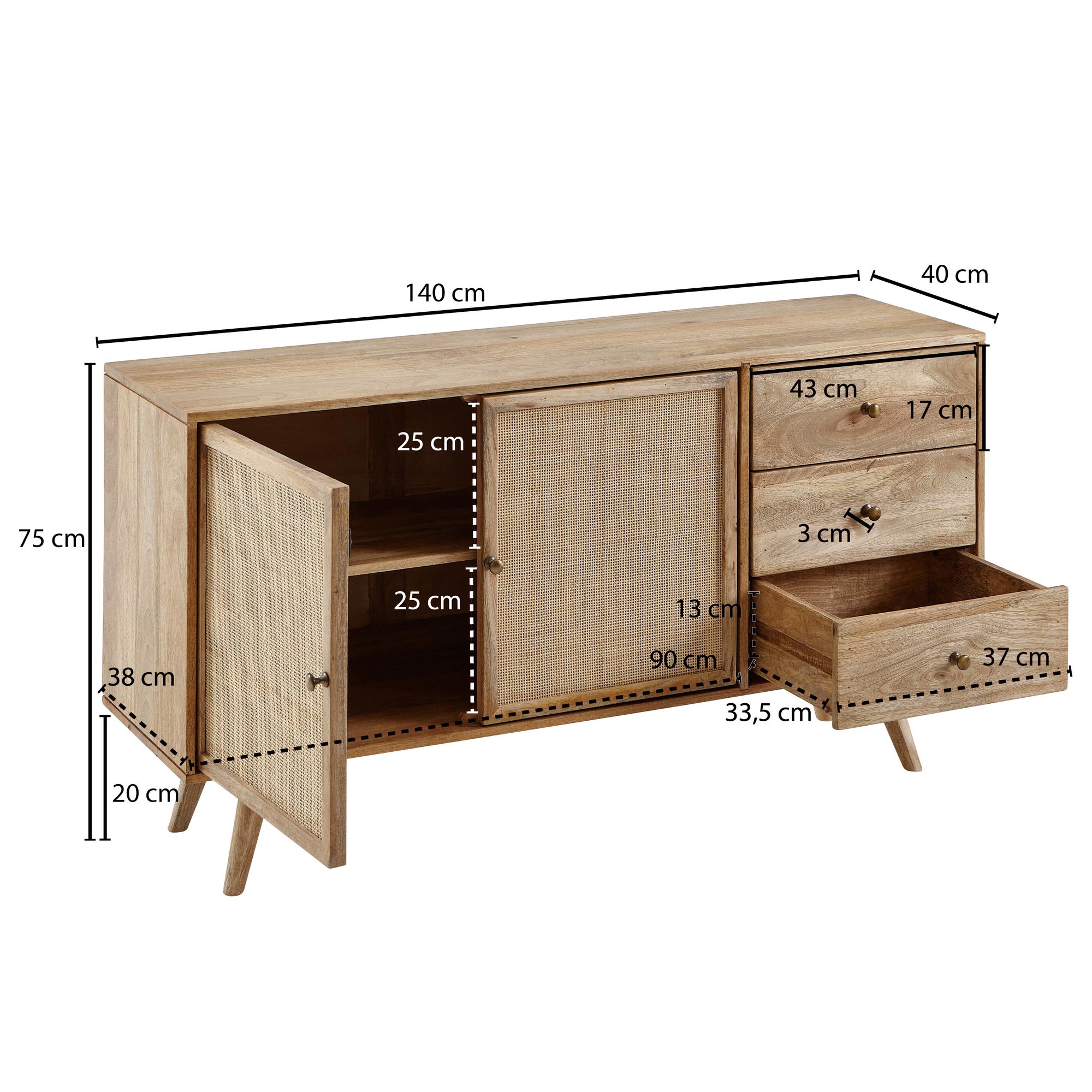 FineBuy Sideboard Mango Massivholz 140 cm 2 Türen & 3 Schubladen - Massive Retro Kommode mit Wiener Geflecht - Design Natur Anrichte - Handmade | Farbe: Braun