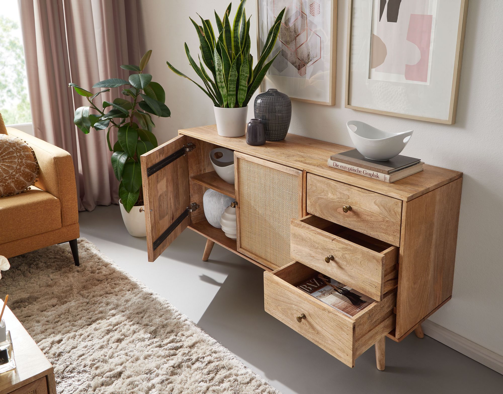 FineBuy Sideboard Mango Massivholz 140 cm 2 Türen & 3 Schubladen - Massive Retro Kommode mit Wiener Geflecht - Design Natur Anrichte - Handmade | Farbe: Braun