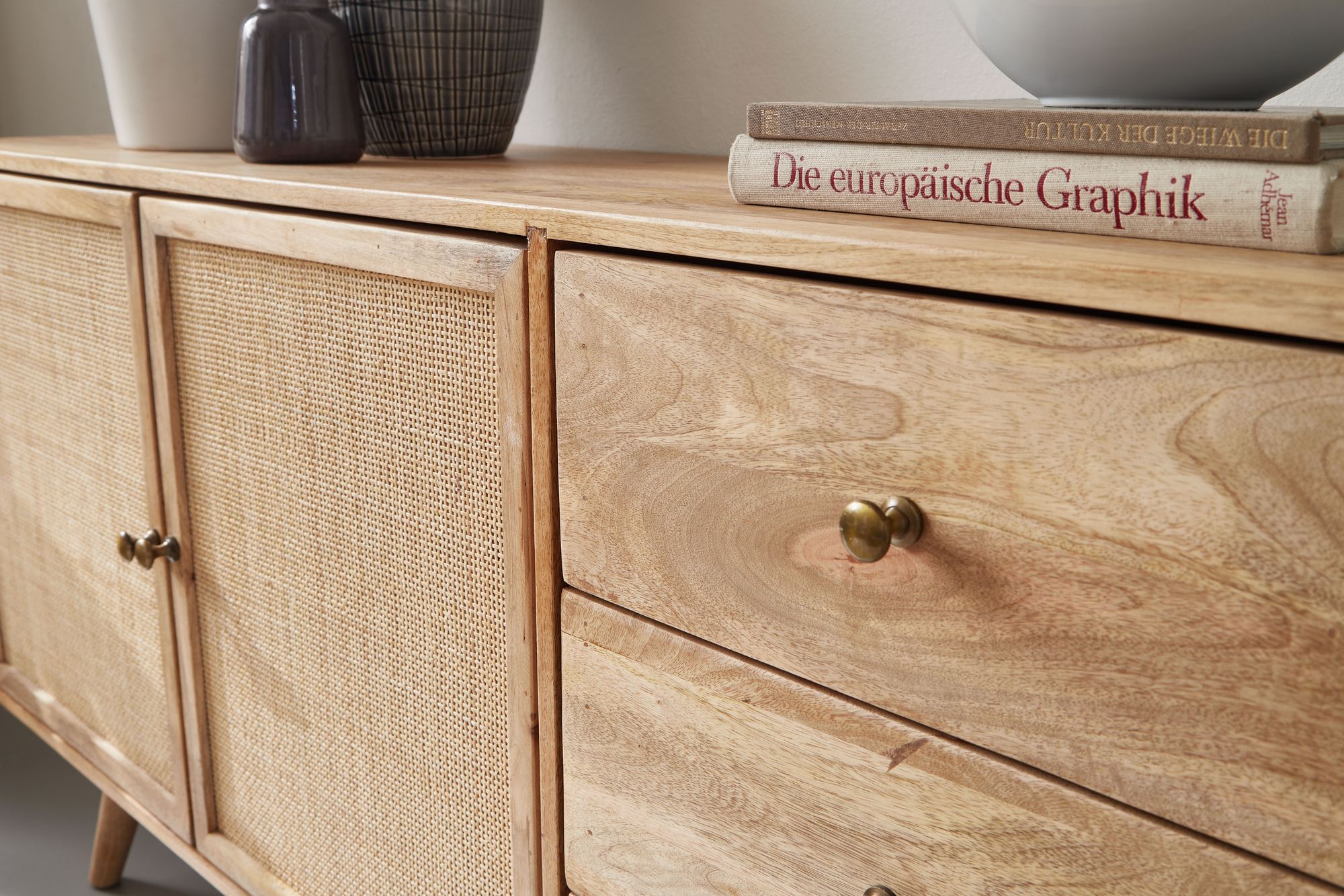 FineBuy Sideboard Mango Massivholz 140 cm 2 Türen & 3 Schubladen - Massive Retro Kommode mit Wiener Geflecht - Design Natur Anrichte - Handmade | Farbe: Braun