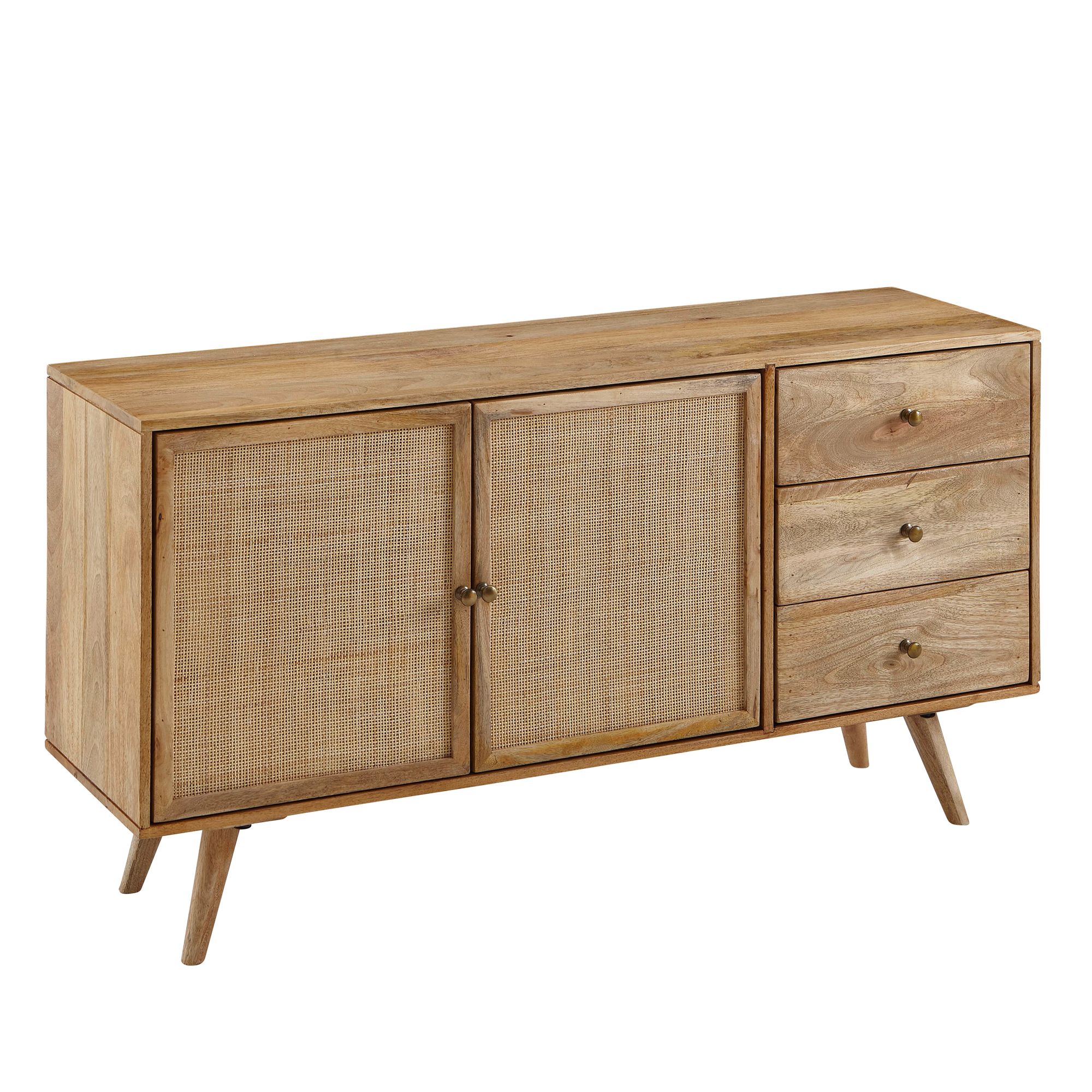 FineBuy Sideboard Mango Massivholz 140 cm 2 Türen & 3 Schubladen - Massive Retro Kommode mit Wiener Geflecht - Design Natur Anrichte - Handmade | Farbe: Braun