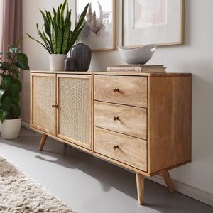 FineBuy Design Sideboard 140x75x40 cm Mango Massivholz / Rattan, Kommode 3 Schubladen, Hoher Kommodenschrank Holz Massiv, Standschrank Wohnzimmer, 2 Türfächer Rohrgeflecht 4251757700576