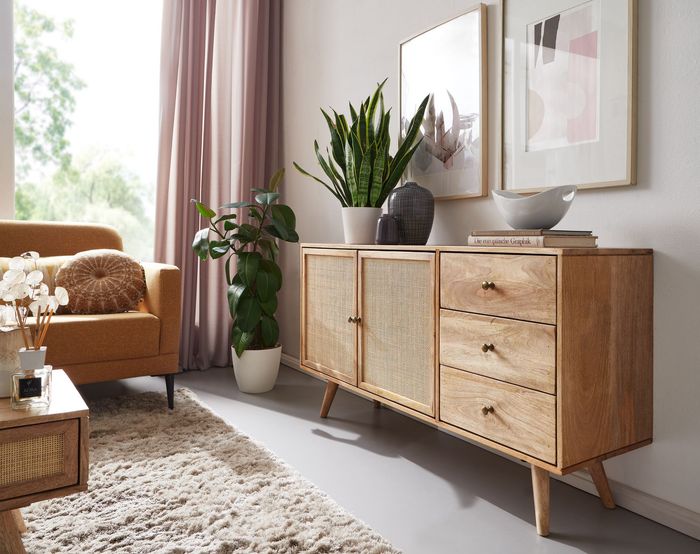 FineBuy Design Sideboard 140x75x40 cm Mango Massivholz / Rattan, Kommode 3 Schubladen, Hoher Kommodenschrank Holz Massiv, Standschrank Wohnzimmer, 2 Türfächer Rohrgeflecht 4251757700576