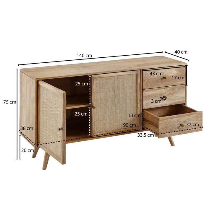 Massivholz Sideboard 140cm Mango Design Kommode mit 3 Rattan Schubladen Wiener Geflecht & 2 Türen – Maßzeichnung
