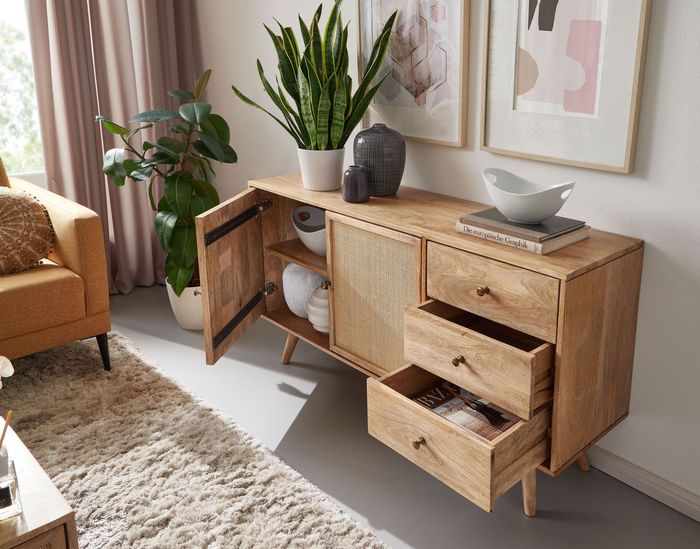FineBuy Design Sideboard 140x75x40 cm Mango Massivholz / Rattan, Kommode 3 Schubladen, Hoher Kommodenschrank Holz Massiv, Standschrank Wohnzimmer, 2 Türfächer Rohrgeflecht 4251757700576