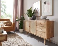 Massivholz Sideboard 140cm Mango Design Kommode mit 3 Rattan Schubladen Wiener Geflecht & 2 Türen – Ansicht 2