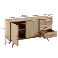 Massivholz Sideboard 140cm Mango Design Kommode mit 3 Rattan Schubladen Wiener Geflecht & 2 Türen – Ansicht 3