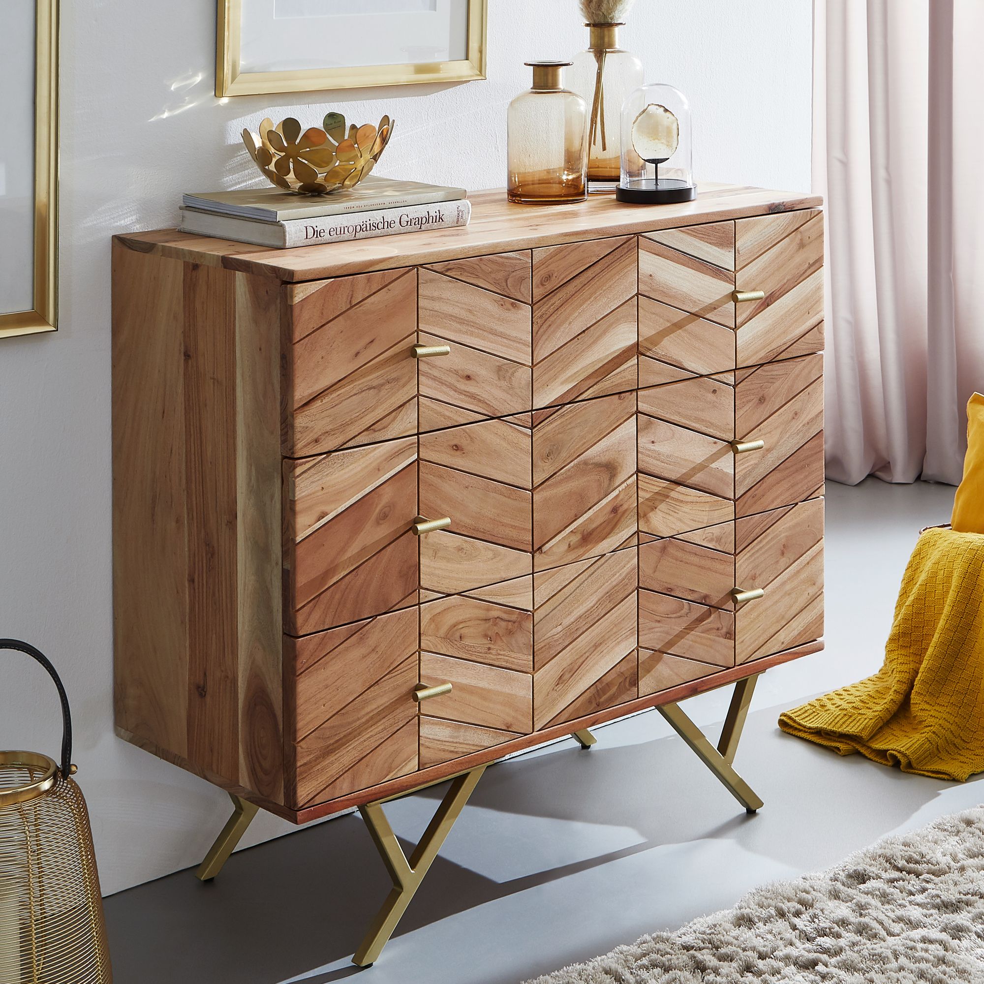 Massivholz Schubladenkommode FineBuy 90cm Akazie Natur Kommode mit 3 Schubladen Sideboard Metall gold | Farbe: Braun Massivholz Schubladenkommode FineBuy 90cm Akazie Natur Kommode mit 3 Schubladen Sideboard Metall gold | Farbe: Braun