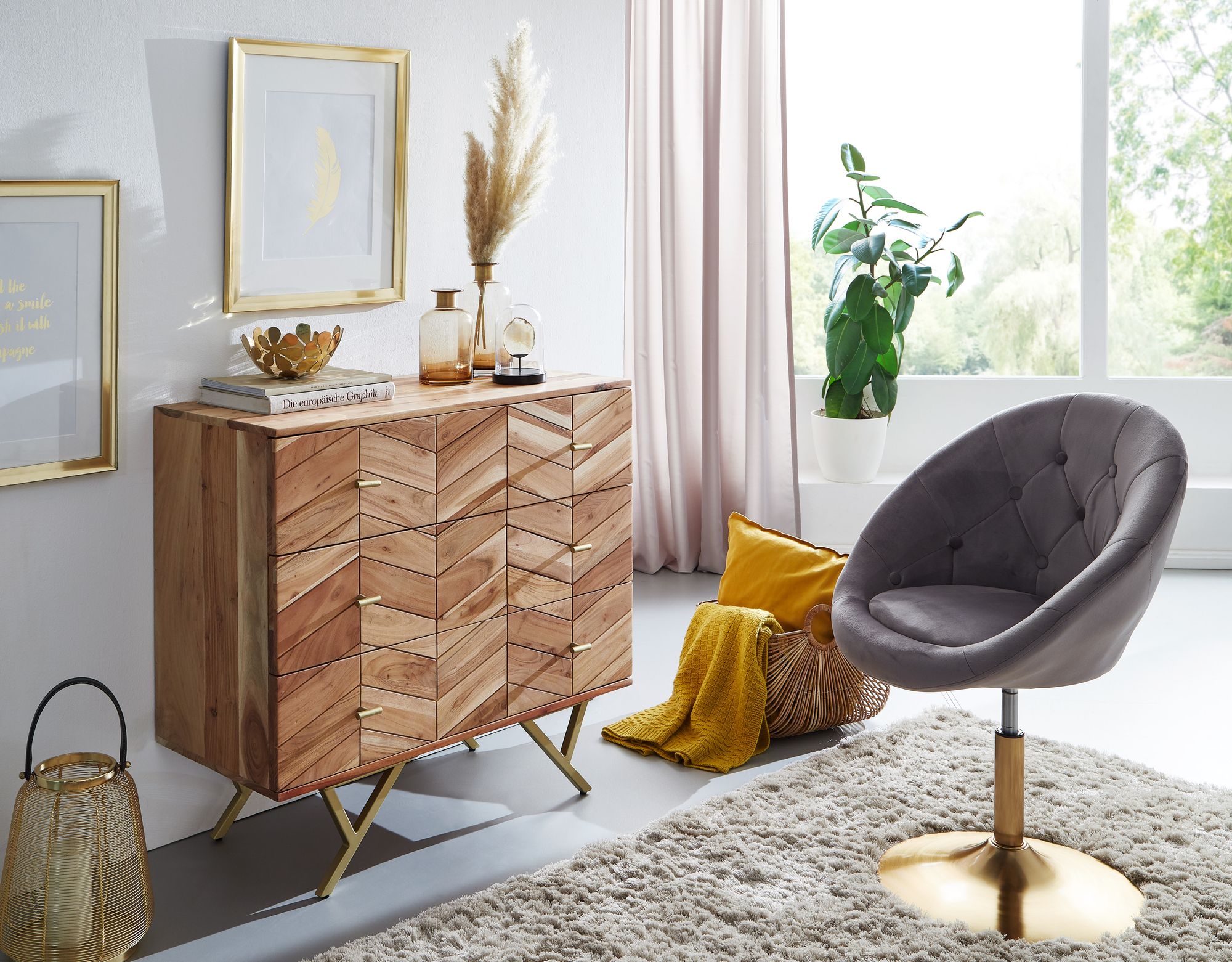Massivholz Schubladenkommode FineBuy 90cm Akazie Natur Kommode mit 3 Schubladen Sideboard Metall gold | Farbe: Braun Massivholz Schubladenkommode FineBuy 90cm Akazie Natur Kommode mit 3 Schubladen Sideboard Metall gold | Farbe: Braun