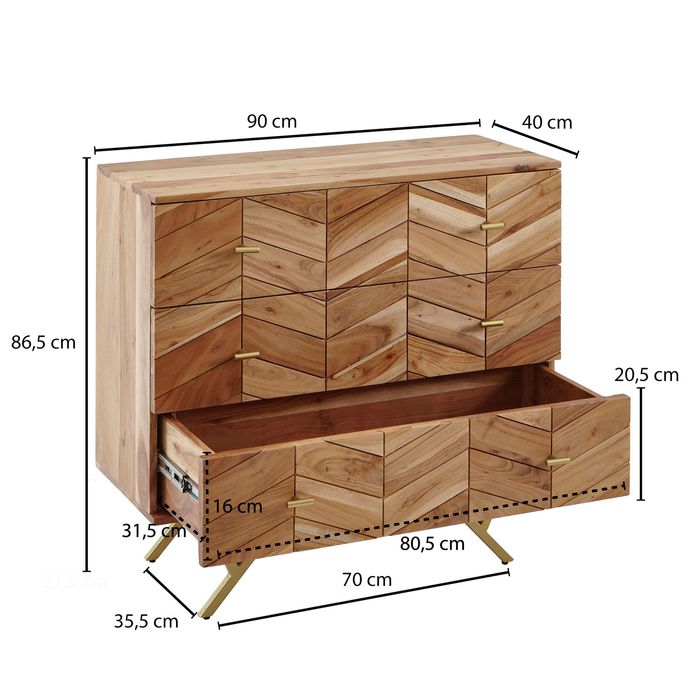 Massivholz Schubladenkommode 90cm Akazie Natur Kommode mit 3 Schubladen Sideboard Metall gold – Maßzeichnung