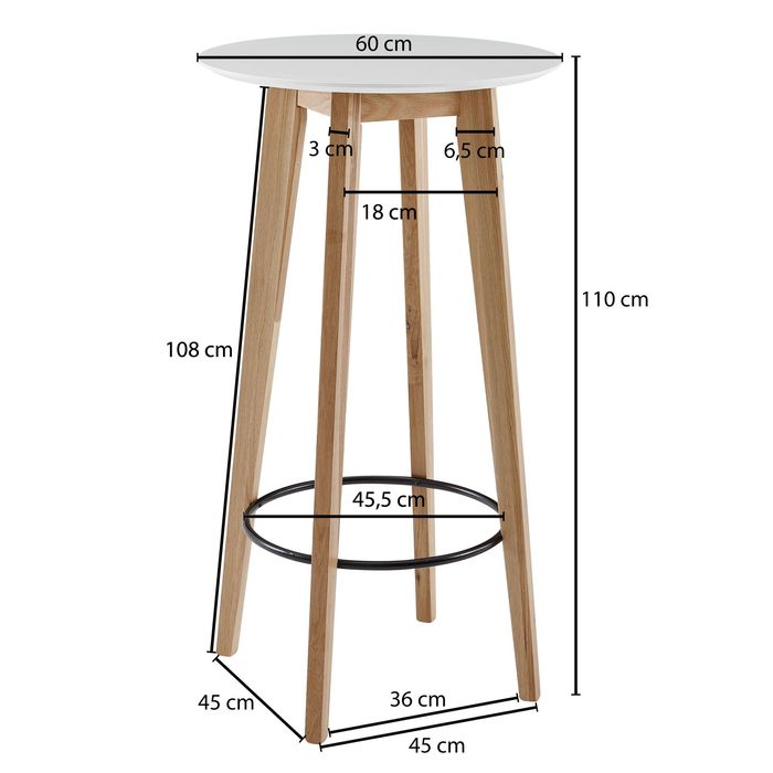 FineBuy Stehtisch 60x110x60cm Weiß Bartisch Skandinavisch Eiche Tisch Partytisch – Maßzeichnung
