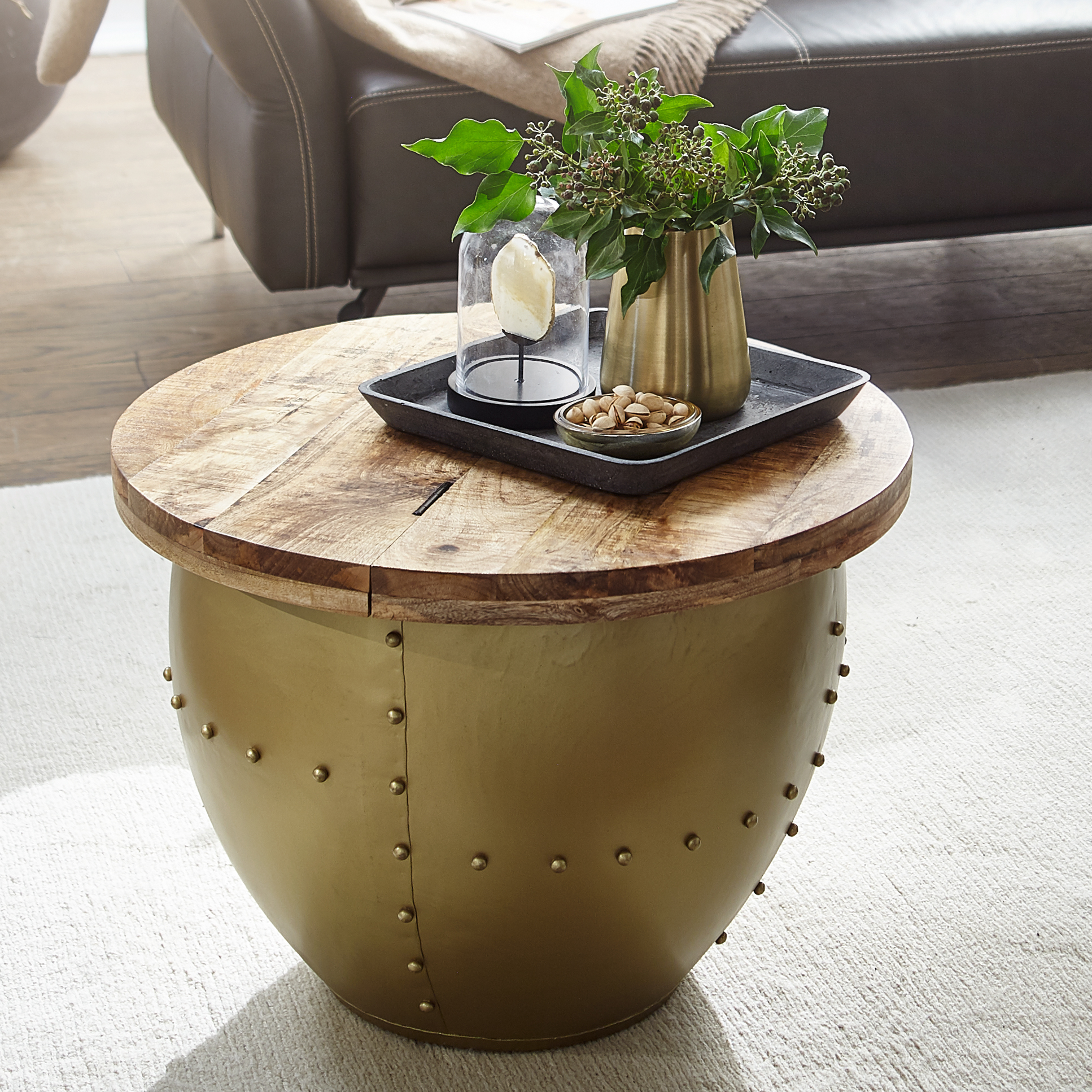 FineBuy Couchtisch Mango Massivholz / Metall 60x43x60 cm Industrial Style Rund, Design Wohnzimmertisch mit Stauraum, Moderner Loungetisch Sofatisch | Farbe: Silber