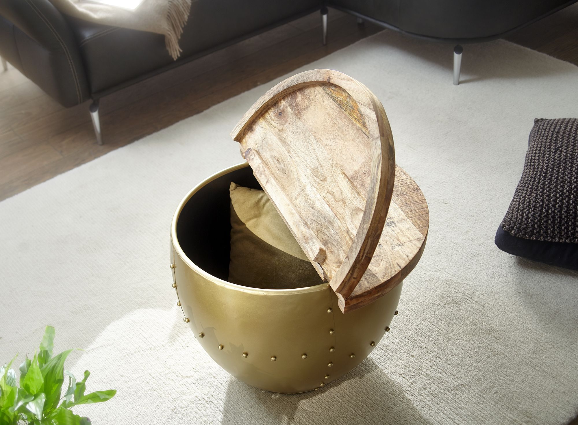 FineBuy Couchtisch Mango Massivholz / Metall 60x43x60 cm Industrial Style Rund, Design Wohnzimmertisch mit Stauraum, Moderner Loungetisch Sofatisch | Farbe: Silber