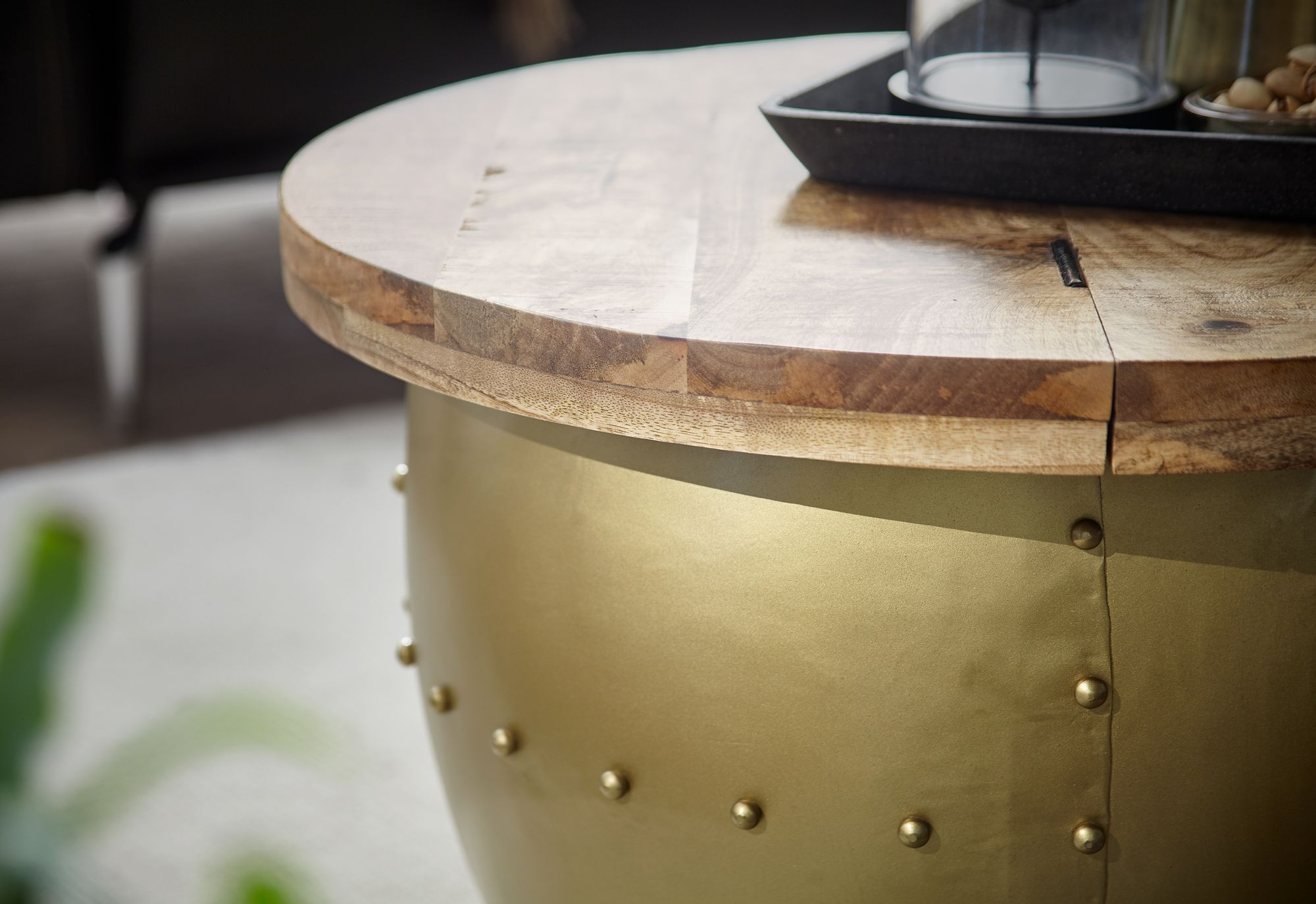 FineBuy Couchtisch Mango Massivholz / Metall 60x43x60 cm Industrial Style Rund, Design Wohnzimmertisch mit Stauraum, Moderner Loungetisch Sofatisch | Farbe: Silber