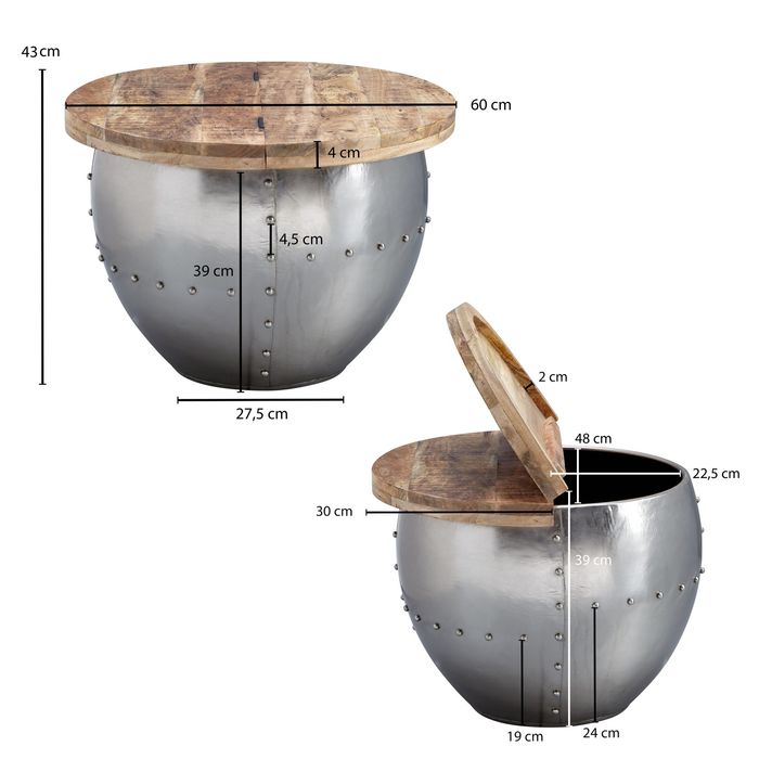 FineBuy Couchtisch Rund Holz Metall Sofatisch Ø 60 cm Tisch Industrial Stauraum – Maßzeichnung