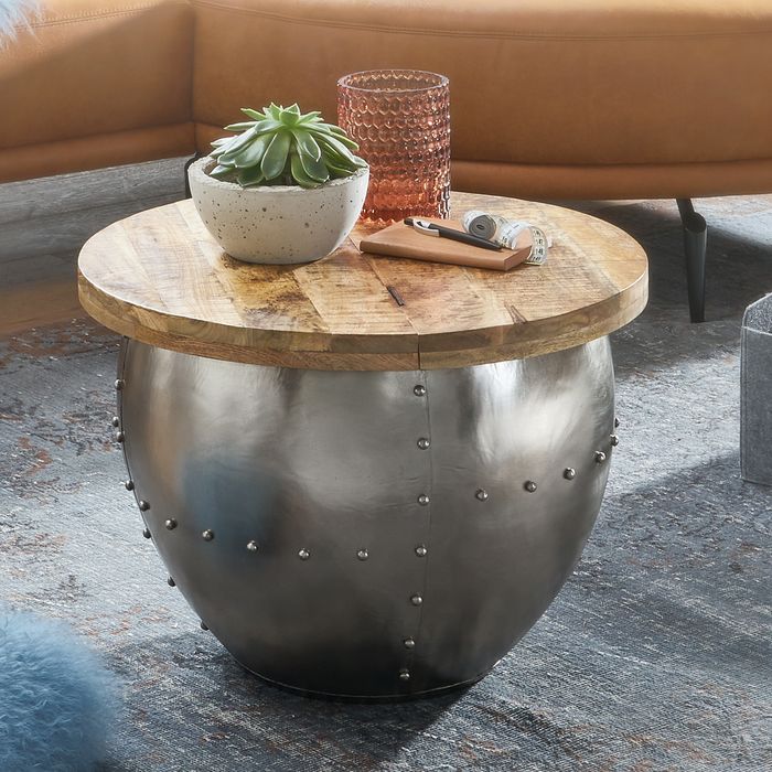 FineBuy Couchtisch Rund Holz Metall Sofatisch Ø 60 cm Tisch Industrial Stauraum