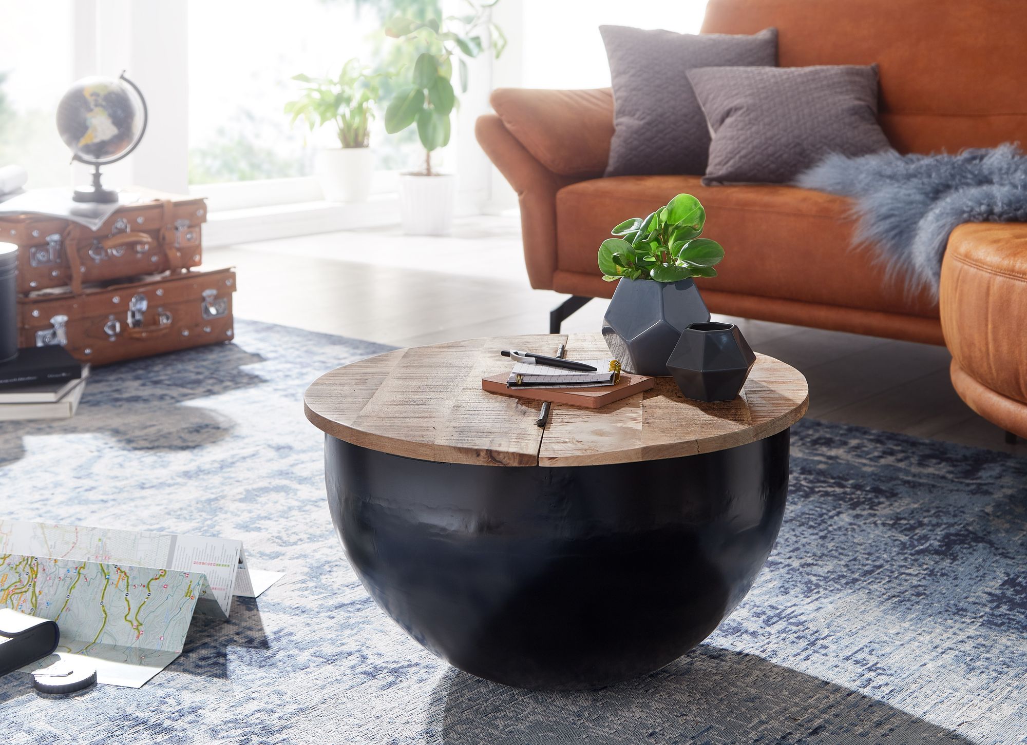 FineBuy Couchtisch Mango Massivholz Metall 60x34x60 cm Industrial Style Rund, Design Wohnzimmertisch mit Stauraum, Moderner Loungetisch Sofatisch Schwarz | Farbe: Schwarz