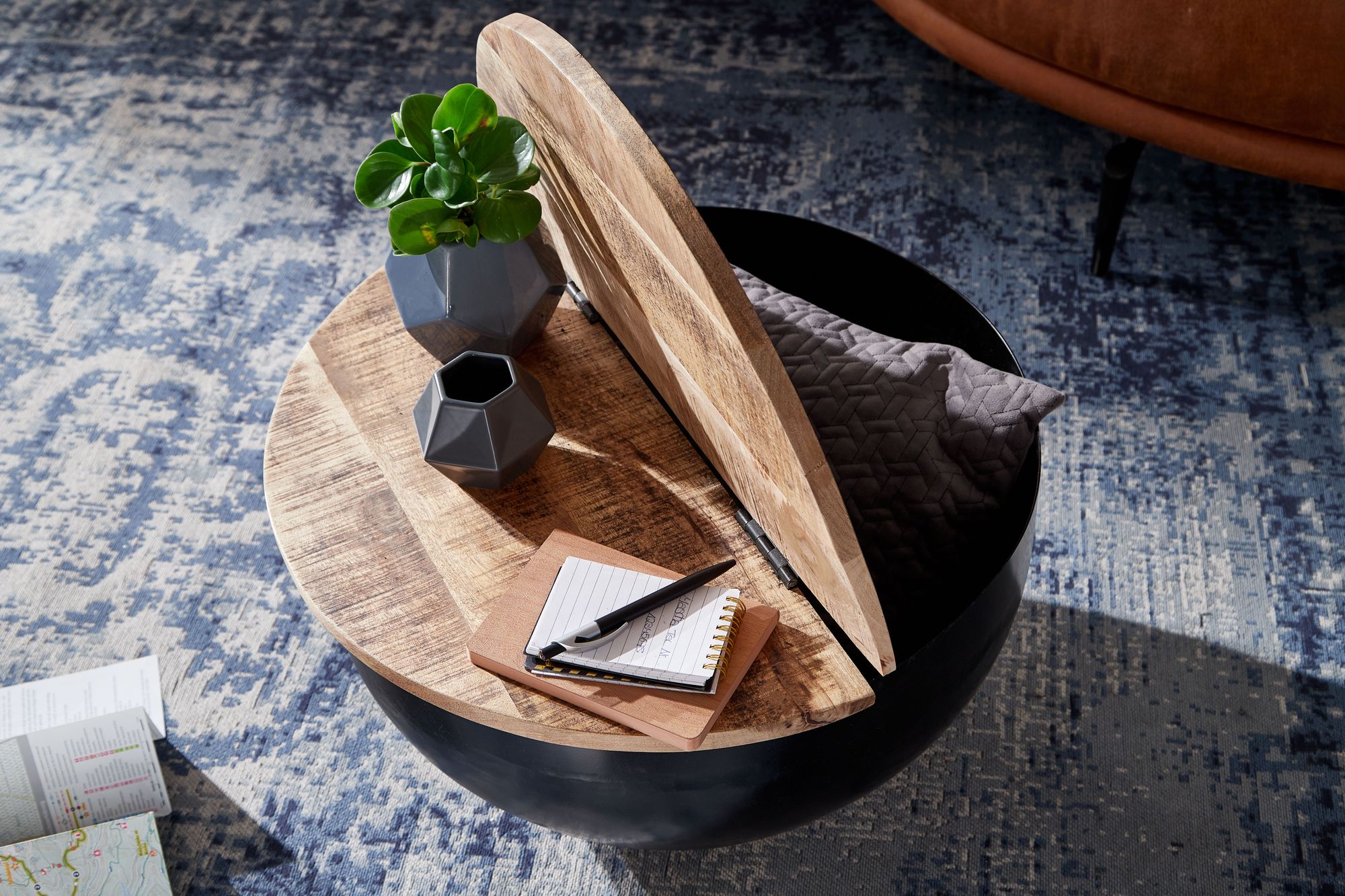 FineBuy Couchtisch Mango Massivholz Metall 60x34x60 cm Industrial Style Rund, Design Wohnzimmertisch mit Stauraum, Moderner Loungetisch Sofatisch Schwarz | Farbe: Schwarz