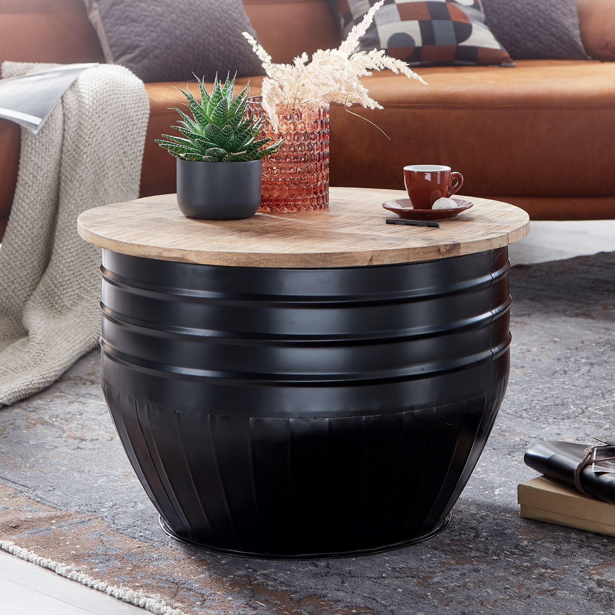 FineBuy Couchtisch Mango Massivholz Metall 60x41x60 cm Industrial Style Rund, Design Wohnzimmertisch mit Stauraum, Moderner Loungetisch Sofatisch Schwarz | Farbe: Schwarz