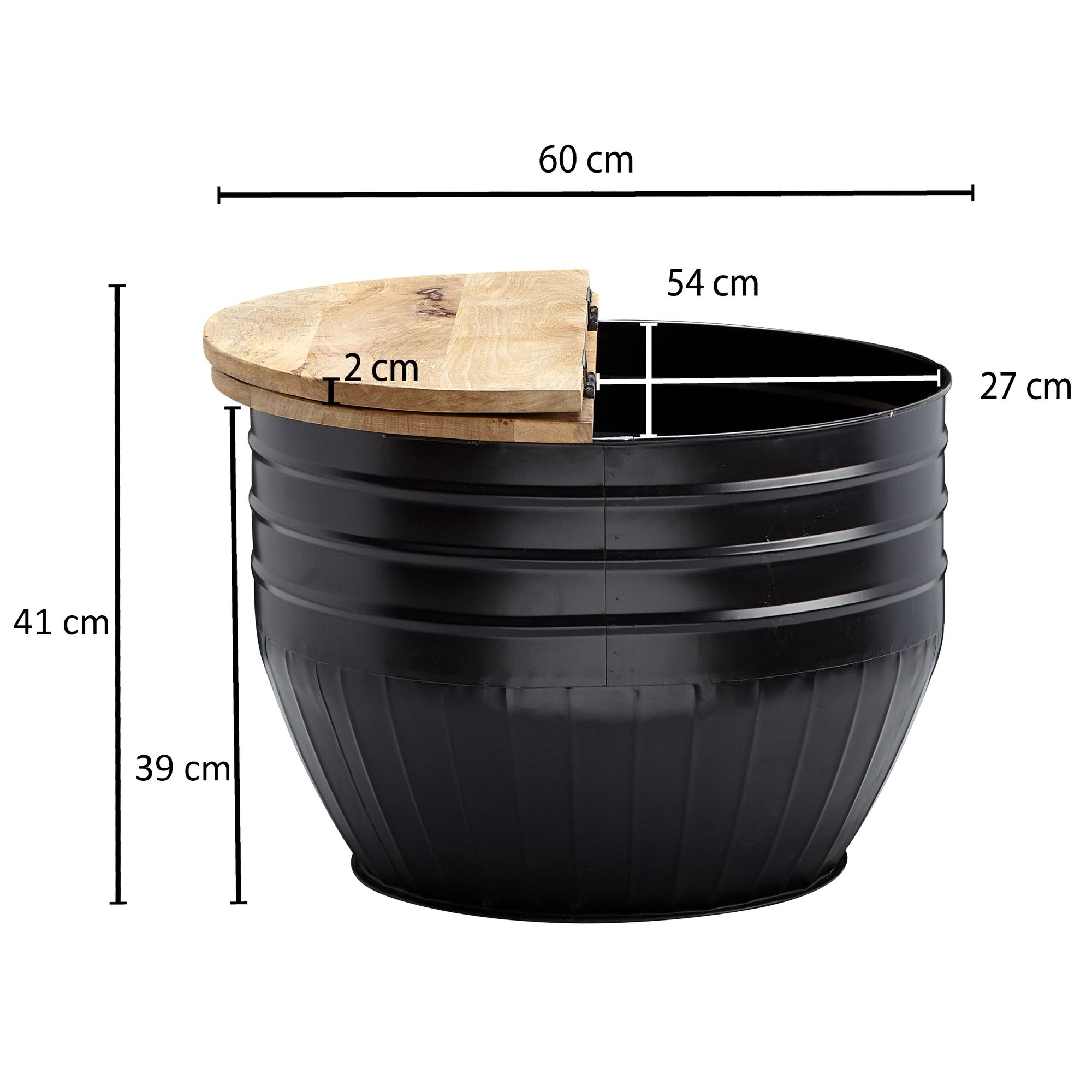 FineBuy Couchtisch Mango Massivholz Metall 60x41x60 cm Industrial Style Rund, Design Wohnzimmertisch mit Stauraum, Moderner Loungetisch Sofatisch Schwarz | Farbe: Schwarz