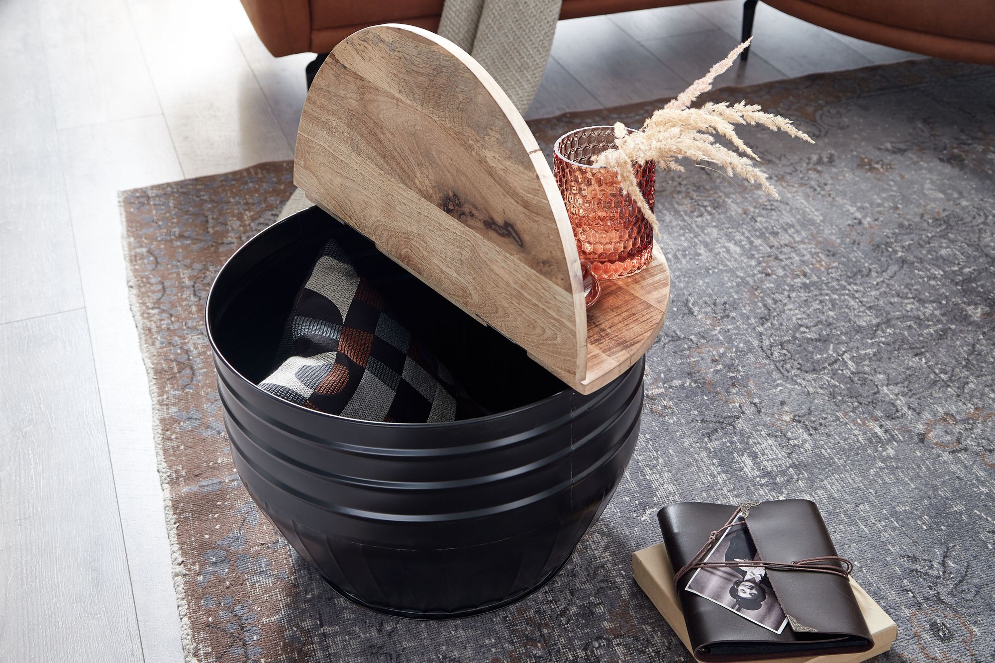 FineBuy Couchtisch Mango Massivholz Metall 60x41x60 cm Industrial Style Rund, Design Wohnzimmertisch mit Stauraum, Moderner Loungetisch Sofatisch Schwarz | Farbe: Schwarz