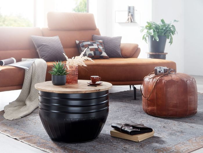 FineBuy Couchtisch Mango Massivholz Metall 60x41x60 cm Industrial Style Rund, Design Wohnzimmertisch mit Stauraum, Moderner Loungetisch Sofatisch Schwarz 4251757702600