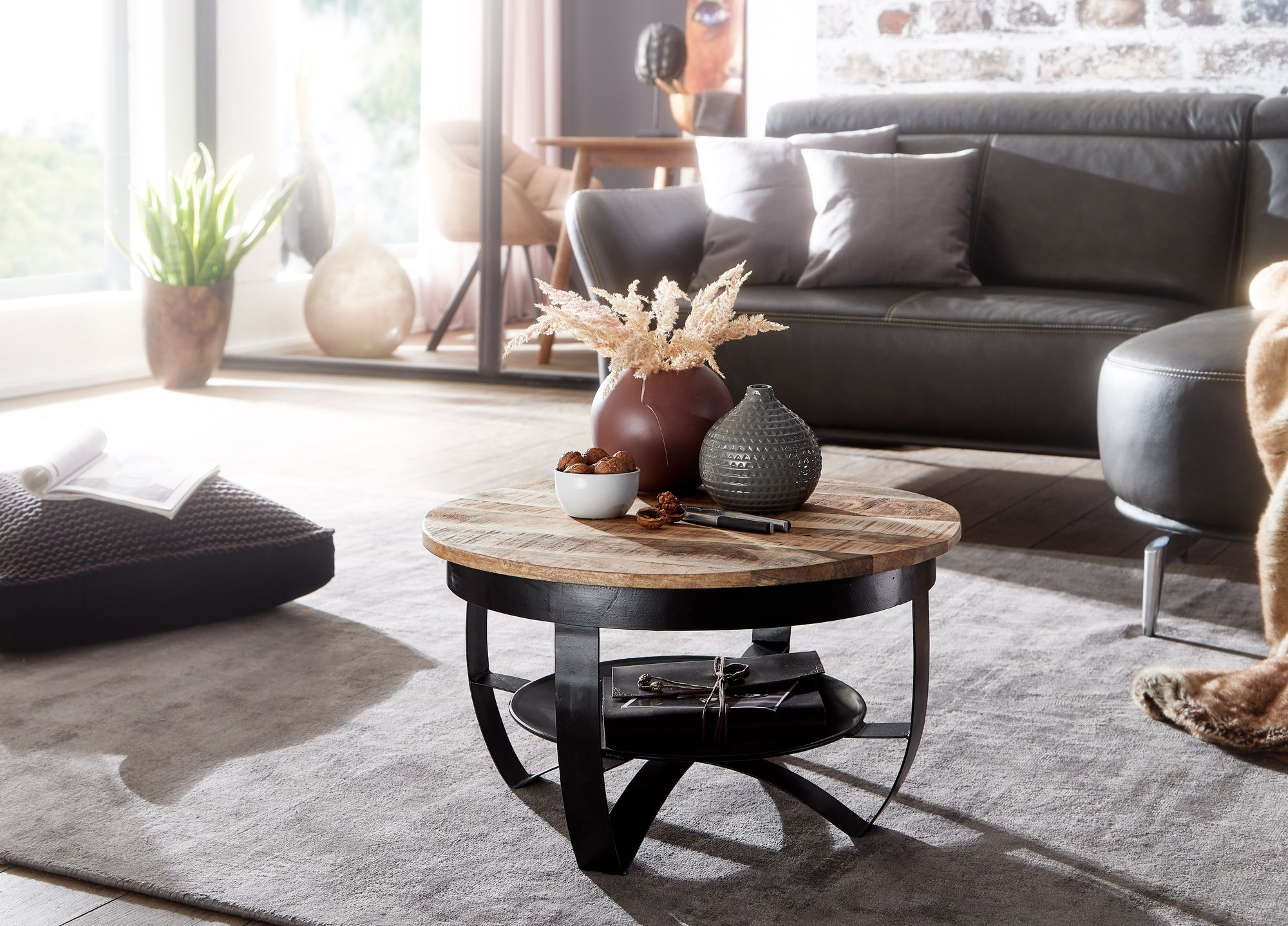 FineBuy Couchtisch 60x34x60 cm Mango Massivholz / Metall Industrial Schwarz Rund, Sofatisch Wohnzimmertisch Massiv, Kleiner Tisch Salontisch Wohnzimmer | Farbe: Schwarz