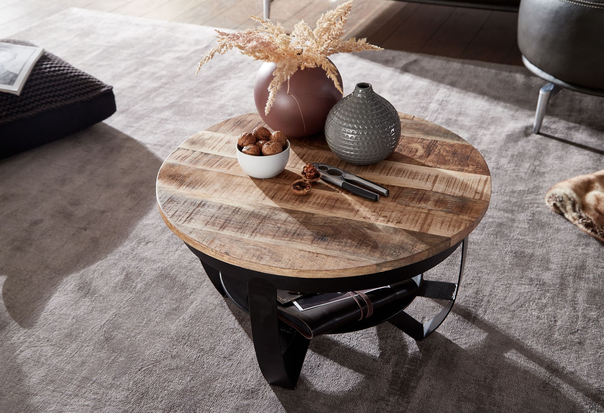 FineBuy Couchtisch 60x34x60 cm Mango Massivholz / Metall Industrial Schwarz Rund, Sofatisch Wohnzimmertisch Massiv, Kleiner Tisch Salontisch Wohnzimmer | Farbe: Schwarz