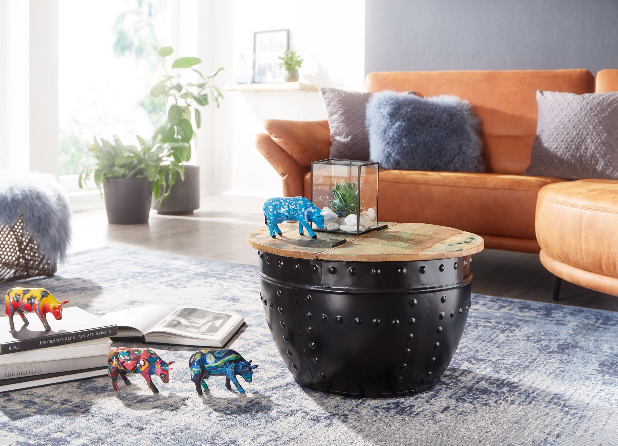 FineBuy Couchtisch Mango 60x36x60 cm Massivholz Metall Industrial Rund, Design Wohnzimmertisch mit Stauraum, Loungetisch Sofatisch Modern | Farbe: Weiß