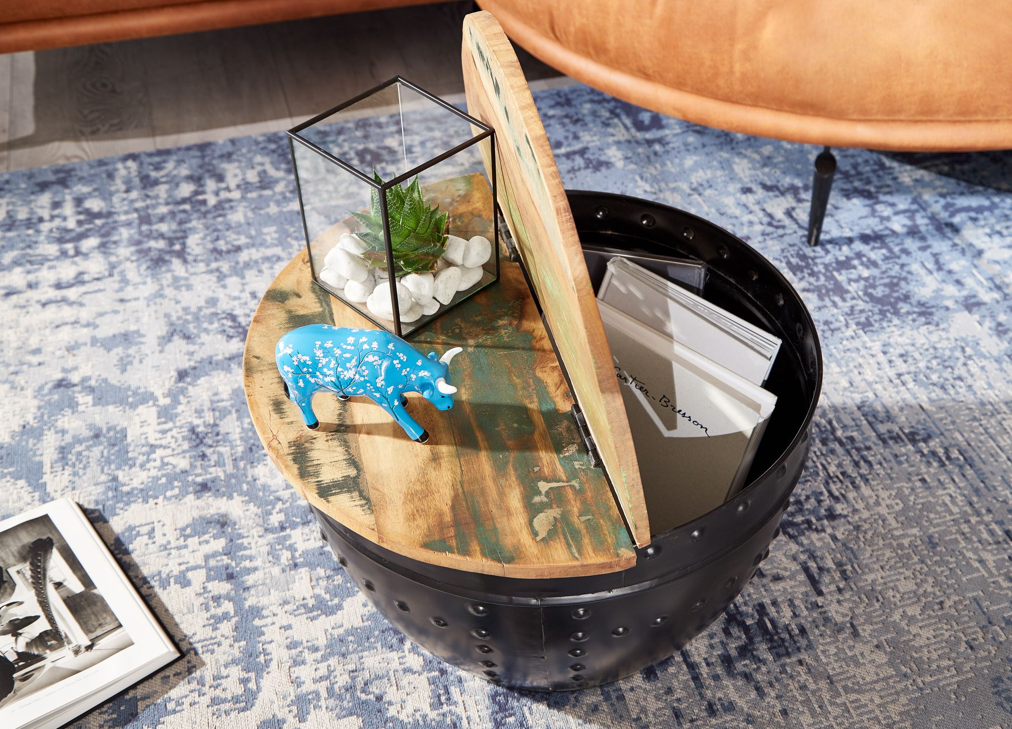 FineBuy Couchtisch Mango 60x36x60 cm Massivholz Metall Industrial Rund, Design Wohnzimmertisch mit Stauraum, Loungetisch Sofatisch Modern | Farbe: Weiß