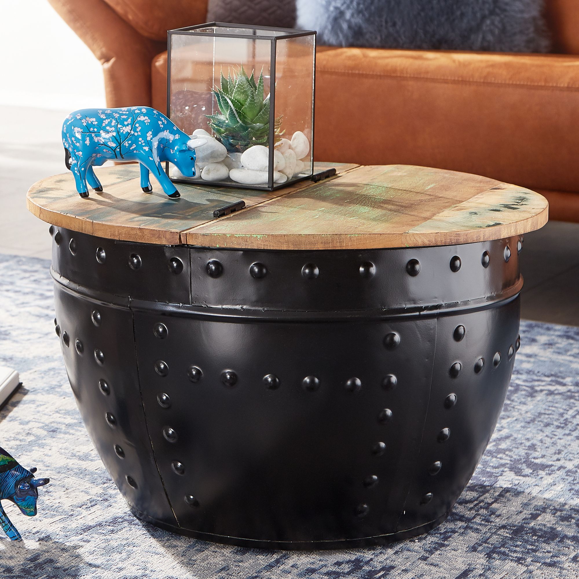 FineBuy Couchtisch Mango 60x36x60 cm Massivholz Metall Industrial Rund, Design Wohnzimmertisch mit Stauraum, Loungetisch Sofatisch Modern | Farbe: Weiß