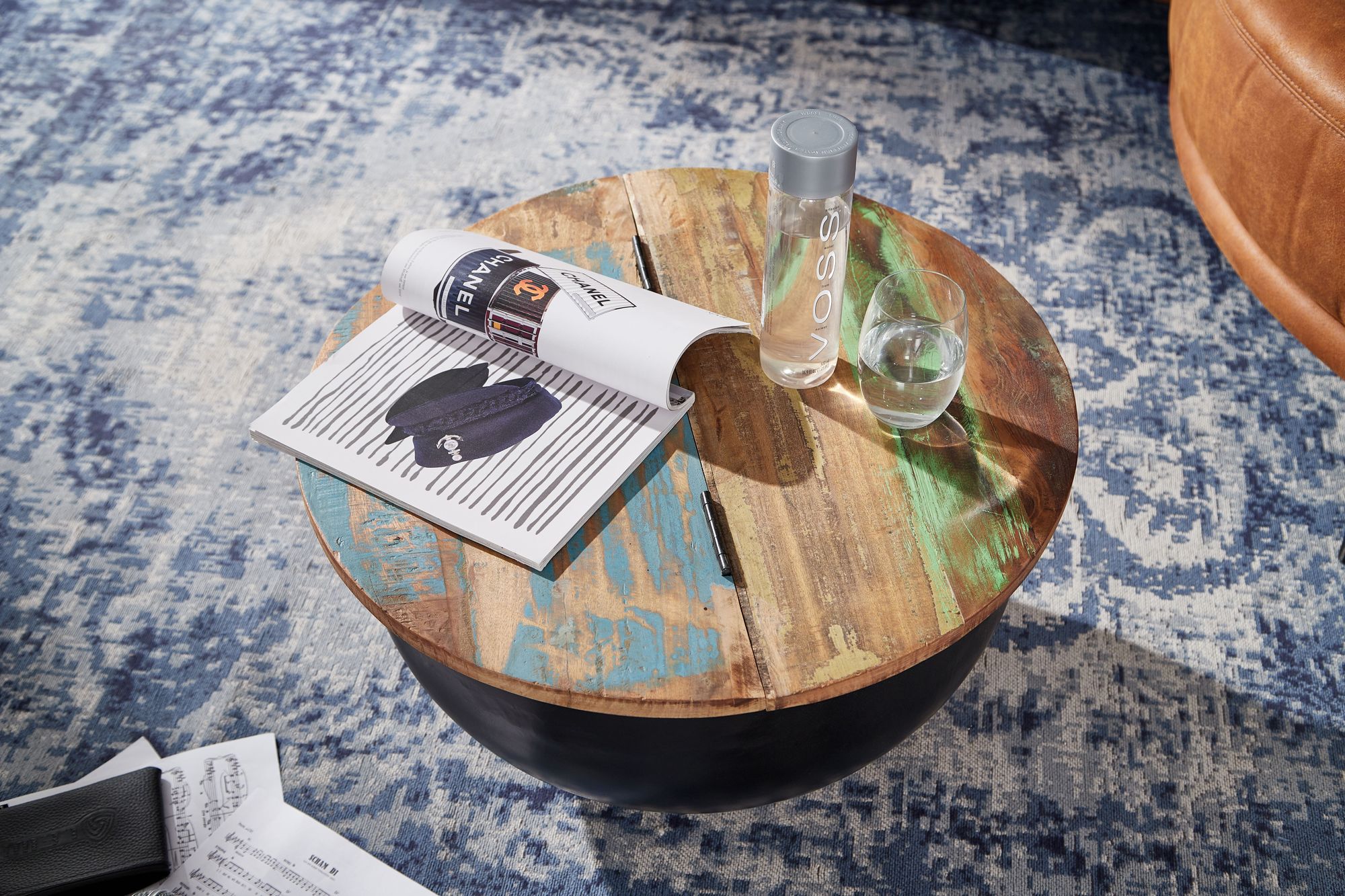 FineBuy Couchtisch Mango 60x34x60 cm Massivholz Metall Tisch Industrial Rund, Design Wohnzimmertisch mit Stauraum, Loungetisch Sofatisch Modern | Farbe: Weiß