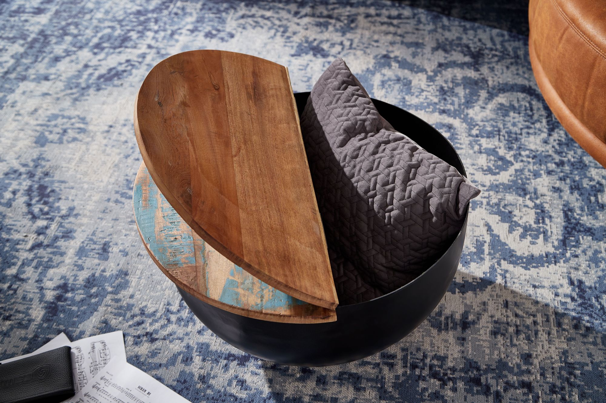 FineBuy Couchtisch Mango 60x34x60 cm Massivholz Metall Tisch Industrial Rund, Design Wohnzimmertisch mit Stauraum, Loungetisch Sofatisch Modern | Farbe: Weiß