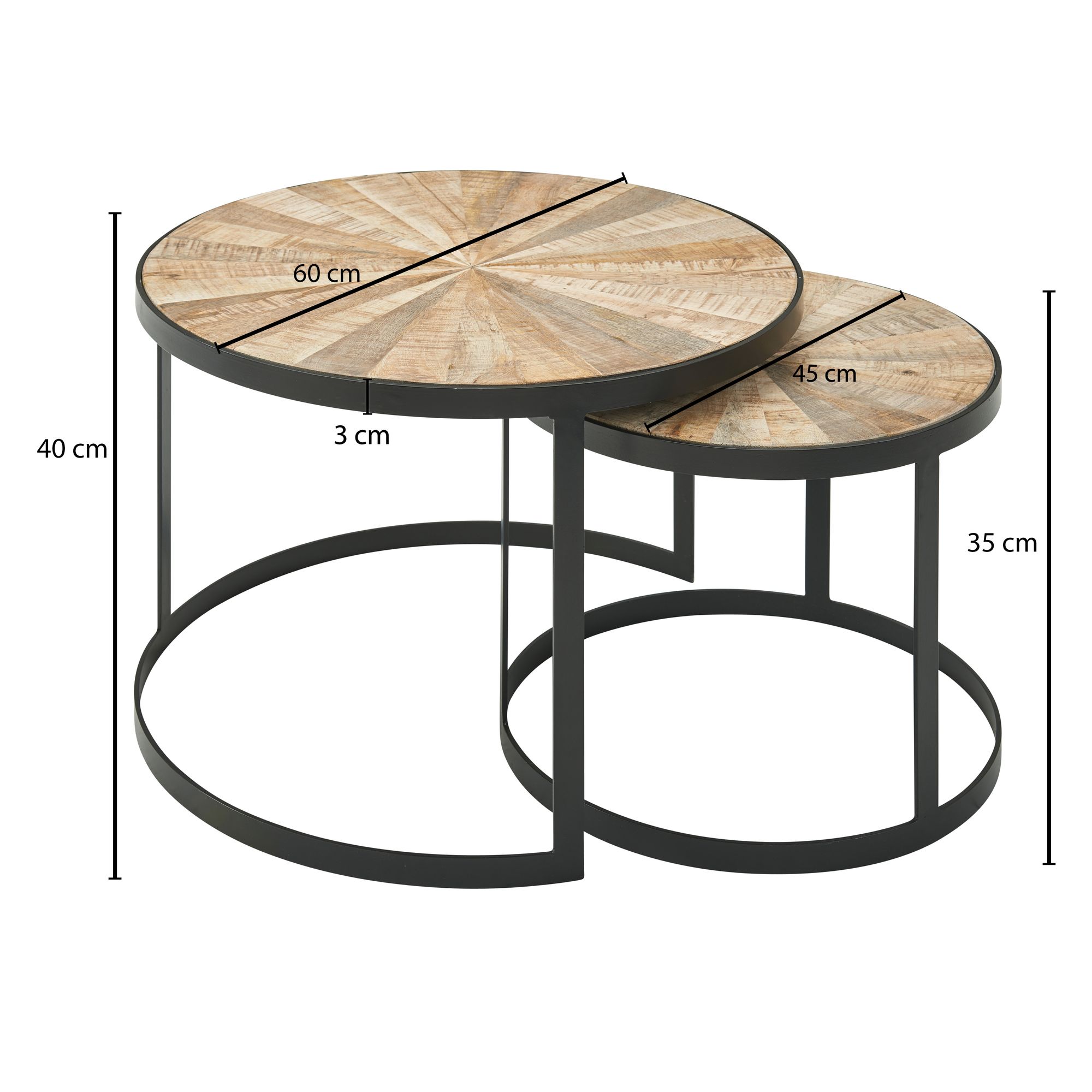 FineBuy Design Couchtisch 2er Set Mango Massivholz Satztisch Rund, Wohnzimmertisch mit Metallbeine Braun, Tischset 2-teilig Satztisch Holz / Metall Schwarz | Farbe: Braun