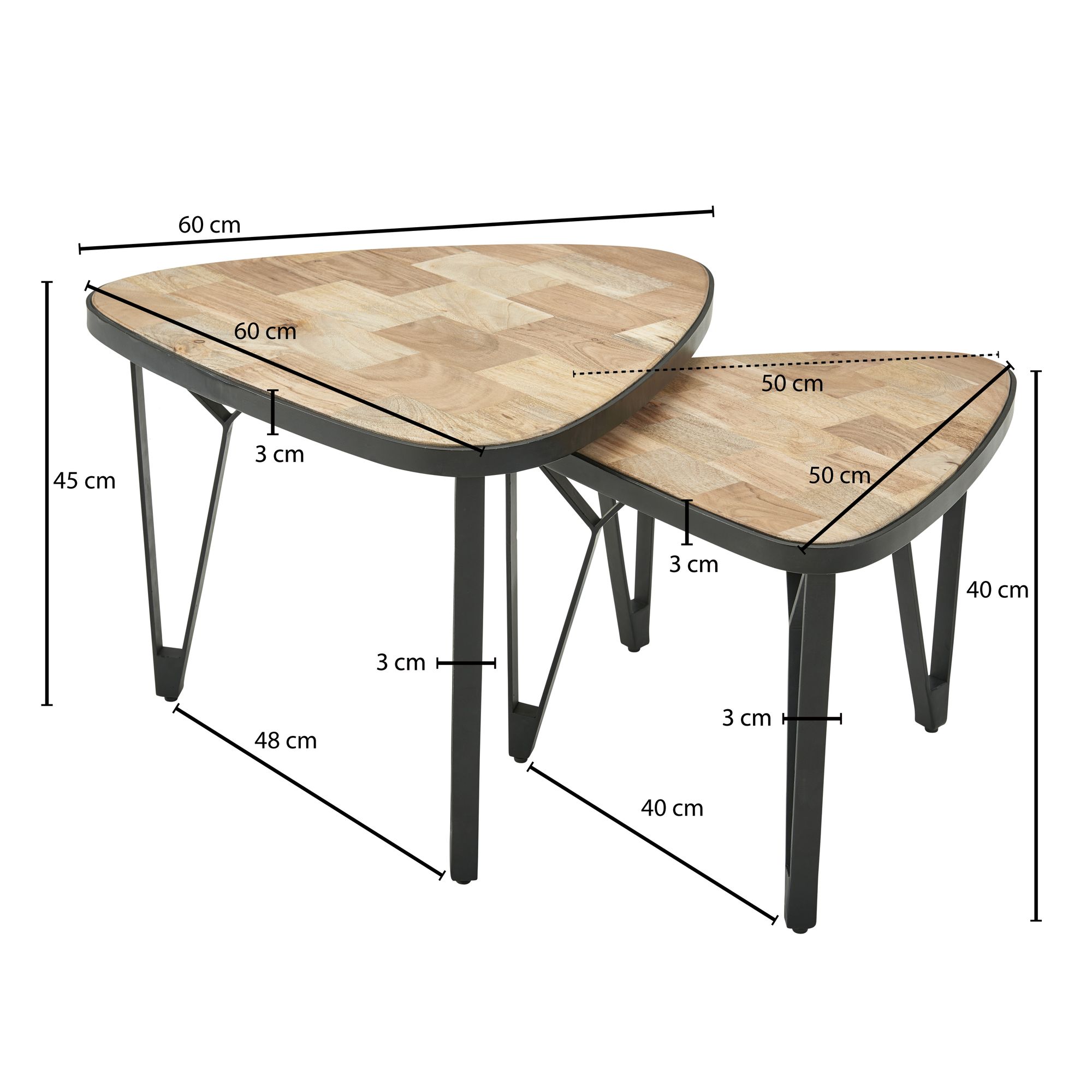 FineBuy Design Couchtisch 2er Set Mango / Akazie Massivholz Satztisch Dreieckig, Wohnzimmertisch Braun mit Metallbeine, Tischset 2-teilig Satztisch Holz / Metall Schwarz | Farbe: Braun