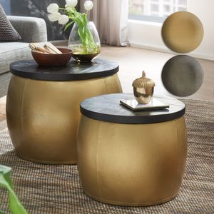 FineBuy Design Couchtisch 2er Set Mango Massivholz Satztisch Rund, Wohnzimmertisch Aluminium abnehmbarer Deckel, Beistelltisch Modern Metall / Holz 2-teilig mit Stauraum