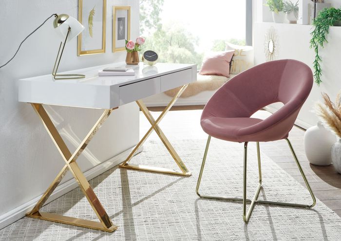 FineBuy Schreibtisch 118x76x57 cm Holz Hochglanz Weiß Metallbeine Golden, Design Computertisch PC-Tisch Bürotisch Modern, Konsolentisch Schubladen