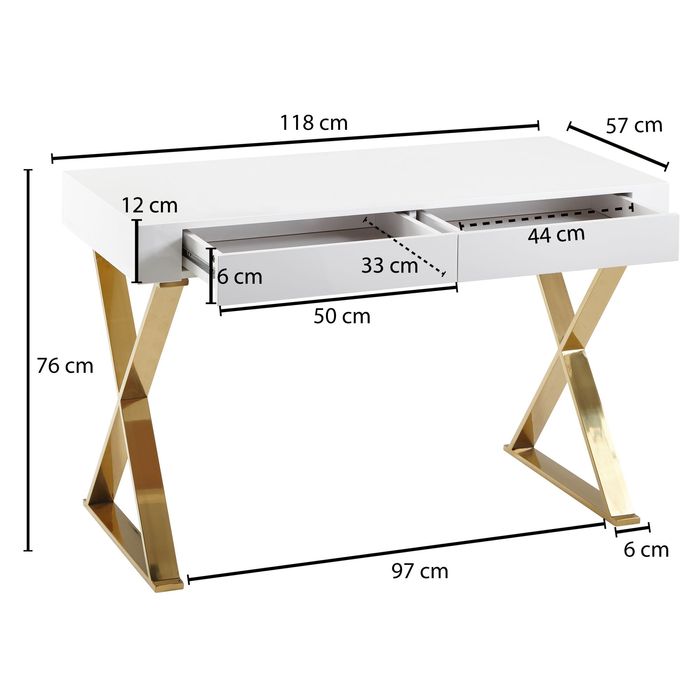 FineBuy Schreibtisch Hochglanz Weiß Gold 118 cm Holz Computertisch Tisch Büro – Maßzeichnung