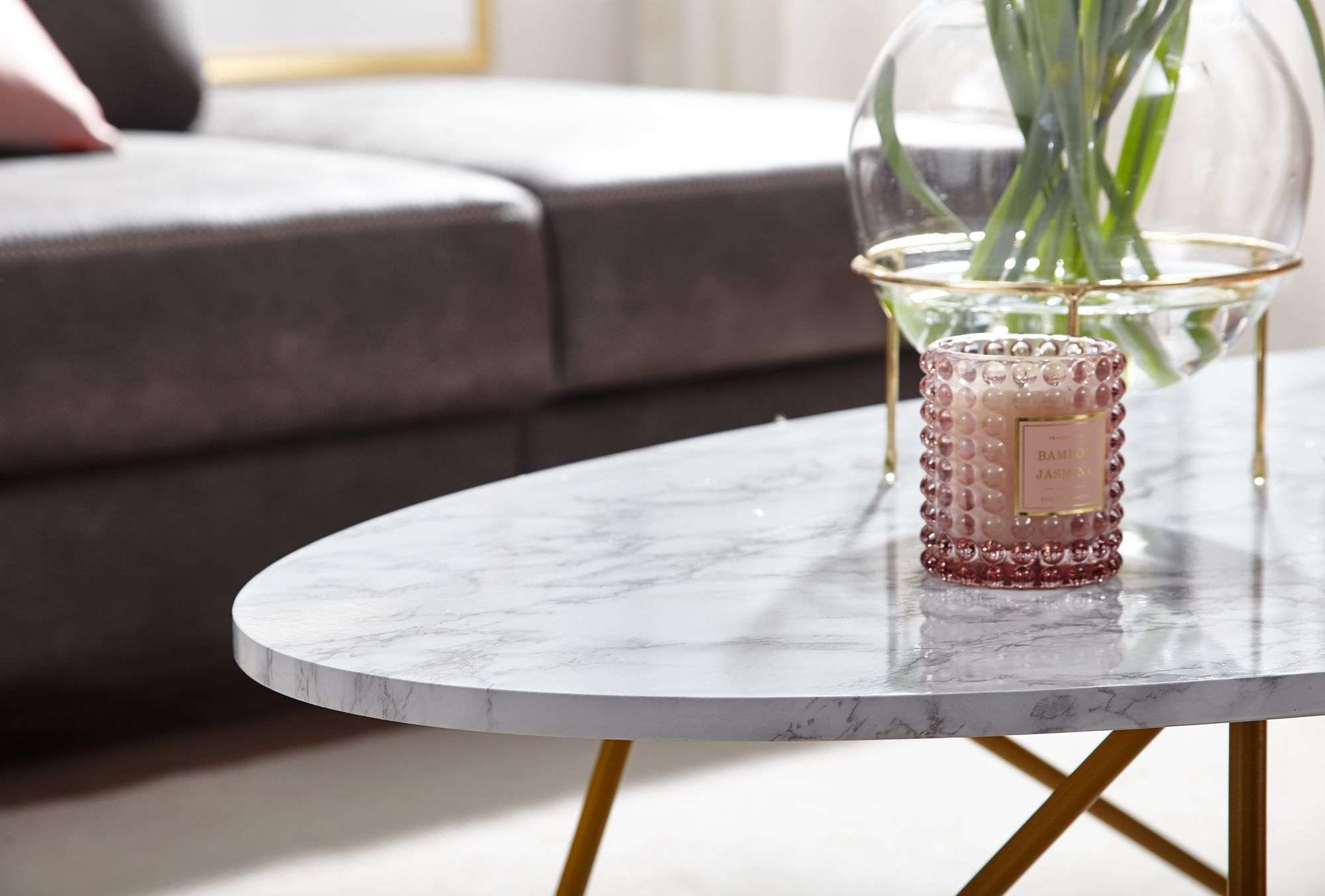 FineBuy Couchtisch 120x40x60 cm mit Marmor Optik Weiß, Wohnzimmertisch mit Metall-Gestell, Sofatisch Oval Tisch Wohnzimmer, Loungetisch | Farbe: Weiß