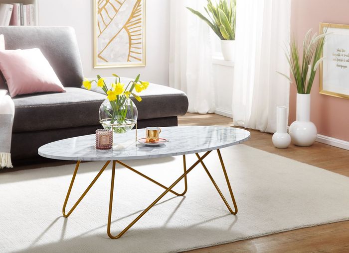 FineBuy Couchtisch 120x40x60 cm mit Marmor Optik Weiß, Wohnzimmertisch mit Metall-Gestell, Sofatisch Oval Tisch Wohnzimmer, Loungetisch 4251757704468