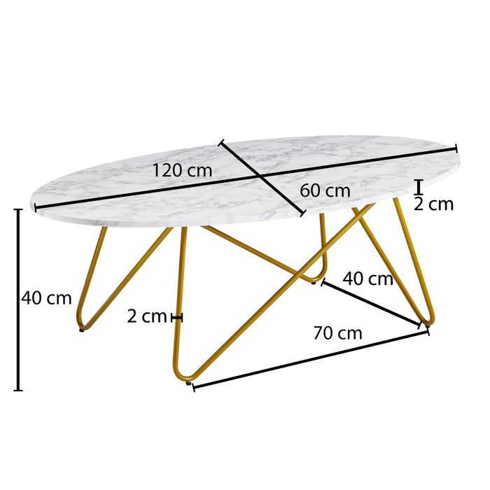 FineBuy Couchtisch Marmor Optik Weiß 120 cm Wohnzimmertisch Oval Tisch Sofatisch – Maßzeichnung