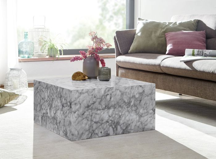 FineBuy Couchtisch MONOBLOC 60x30x60 cm Hochglanz mit Marmor Optik Weiß, Design Wohnzimmertisch Cube Quadratisch, Lounge Beistelltisch Würfel Form 4251757704482