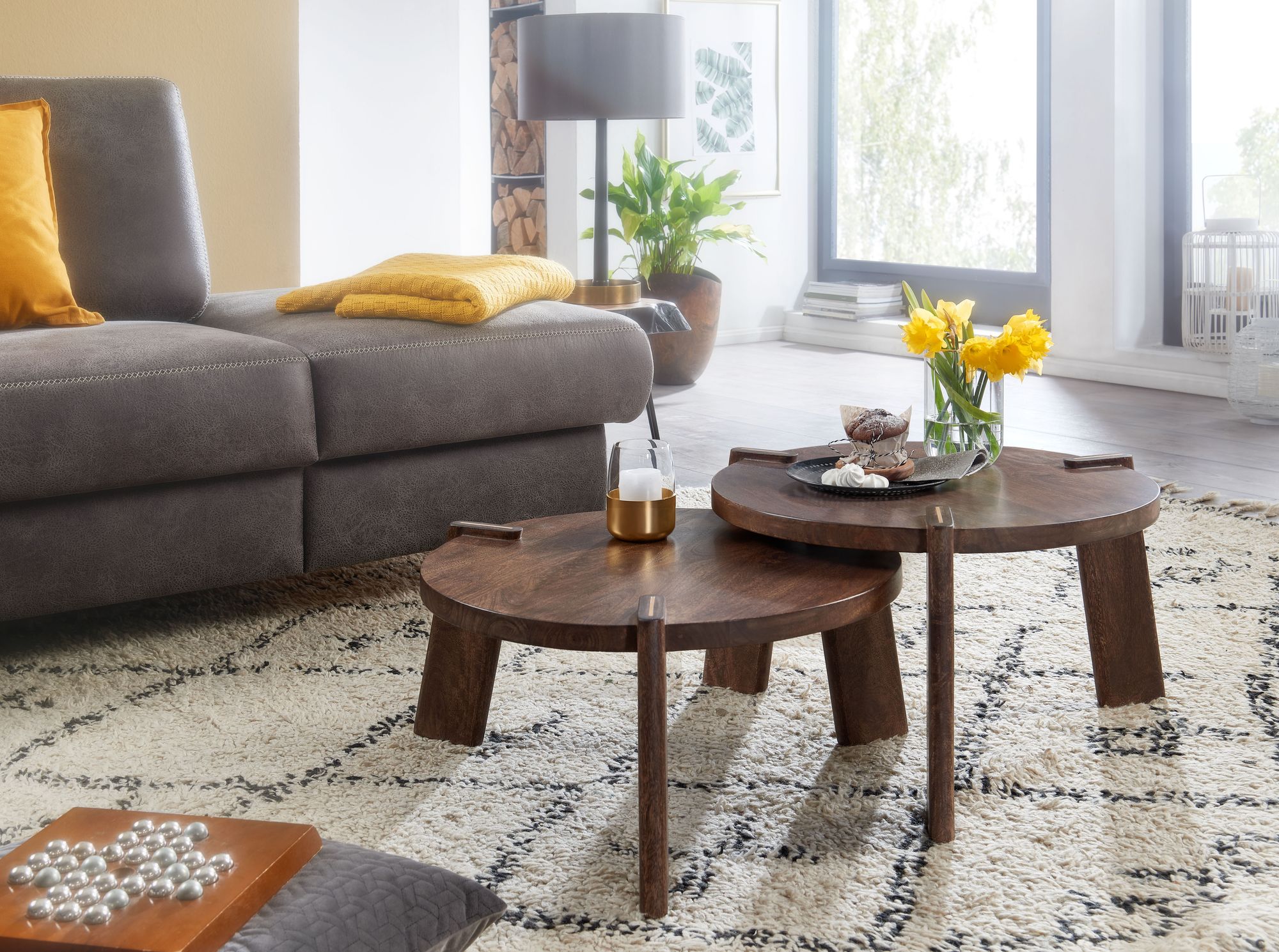 FineBuy Couchtisch Set 2er Mango Massivholz rund Natur · Wohnzimmertisch Beistelltisch im Japandi Design · Handgefertigte Satztische aus Echtholz mit Klarlack | Farbe: Beige