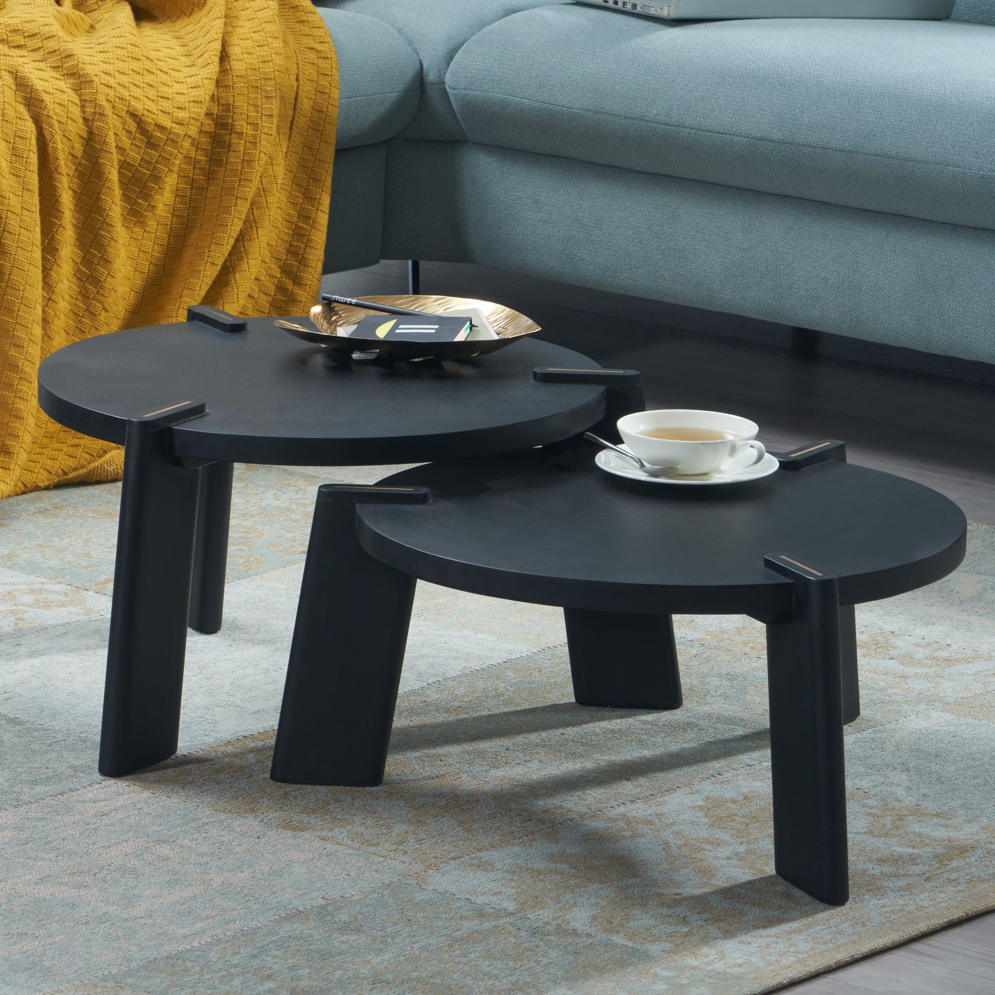 FineBuy Couchtisch Set 2er Mango Massivholz rund Natur · Wohnzimmertisch Beistelltisch im Japandi Design · Handgefertigte Satztische aus Echtholz mit Klarlack | Farbe: Beige