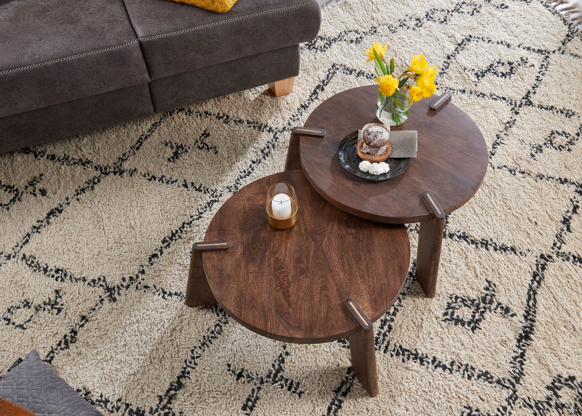 FineBuy Couchtisch Set 2er Mango Massivholz rund Natur · Wohnzimmertisch Beistelltisch im Japandi Design · Handgefertigte Satztische aus Echtholz mit Klarlack | Farbe: Beige