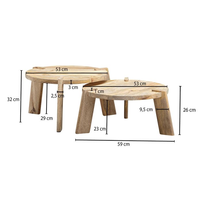 Couchtisch Set 2er Massivholz rund Wohnzimmertisch Beistelltisch Satztische – Maßzeichnung